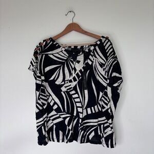NWT TAHARI Linen Black and White Floral Dolman Sleeve‎  Button Shoulder Size XL